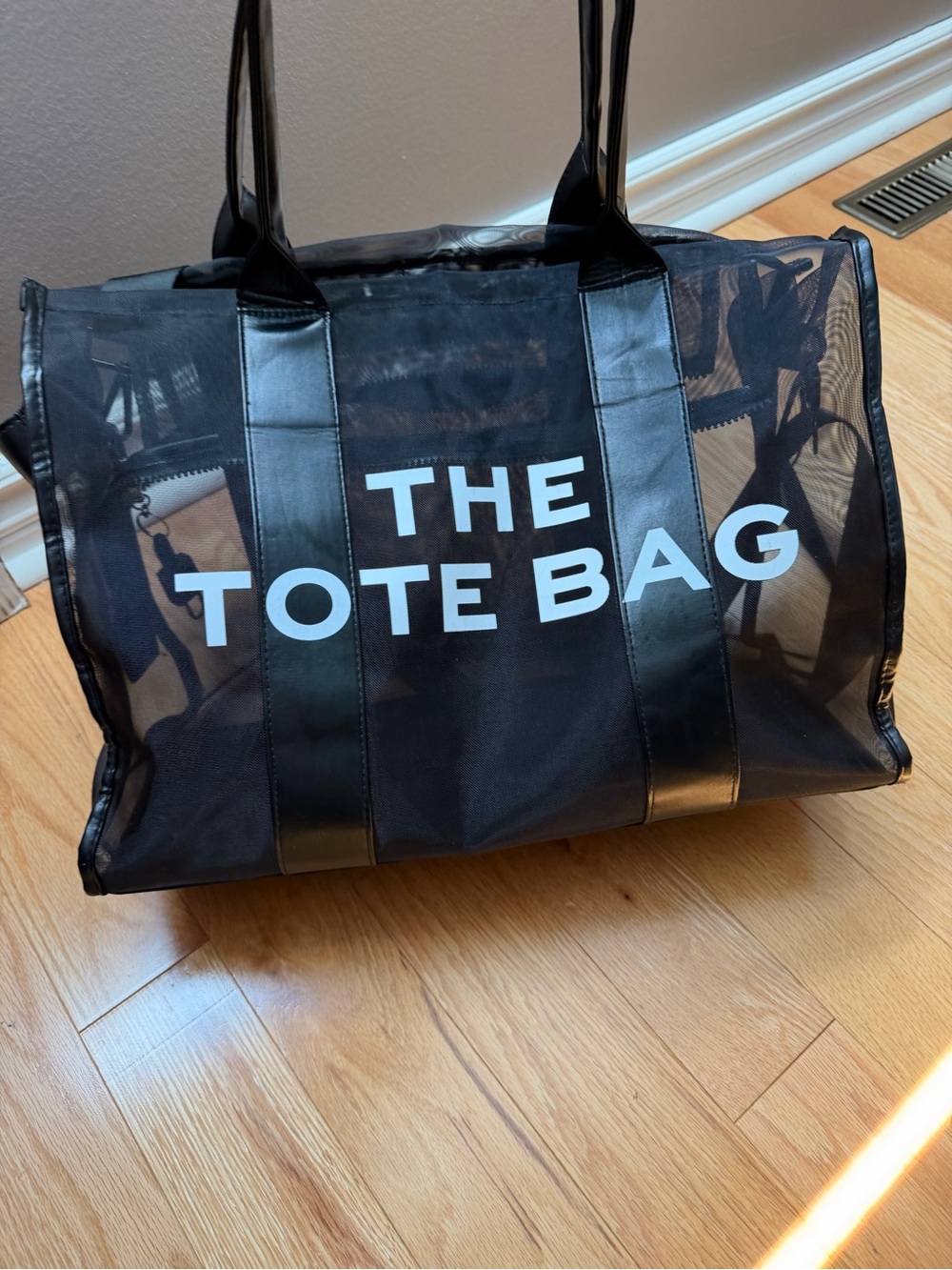 Black Mesh Tote Bag with Bold Lettering